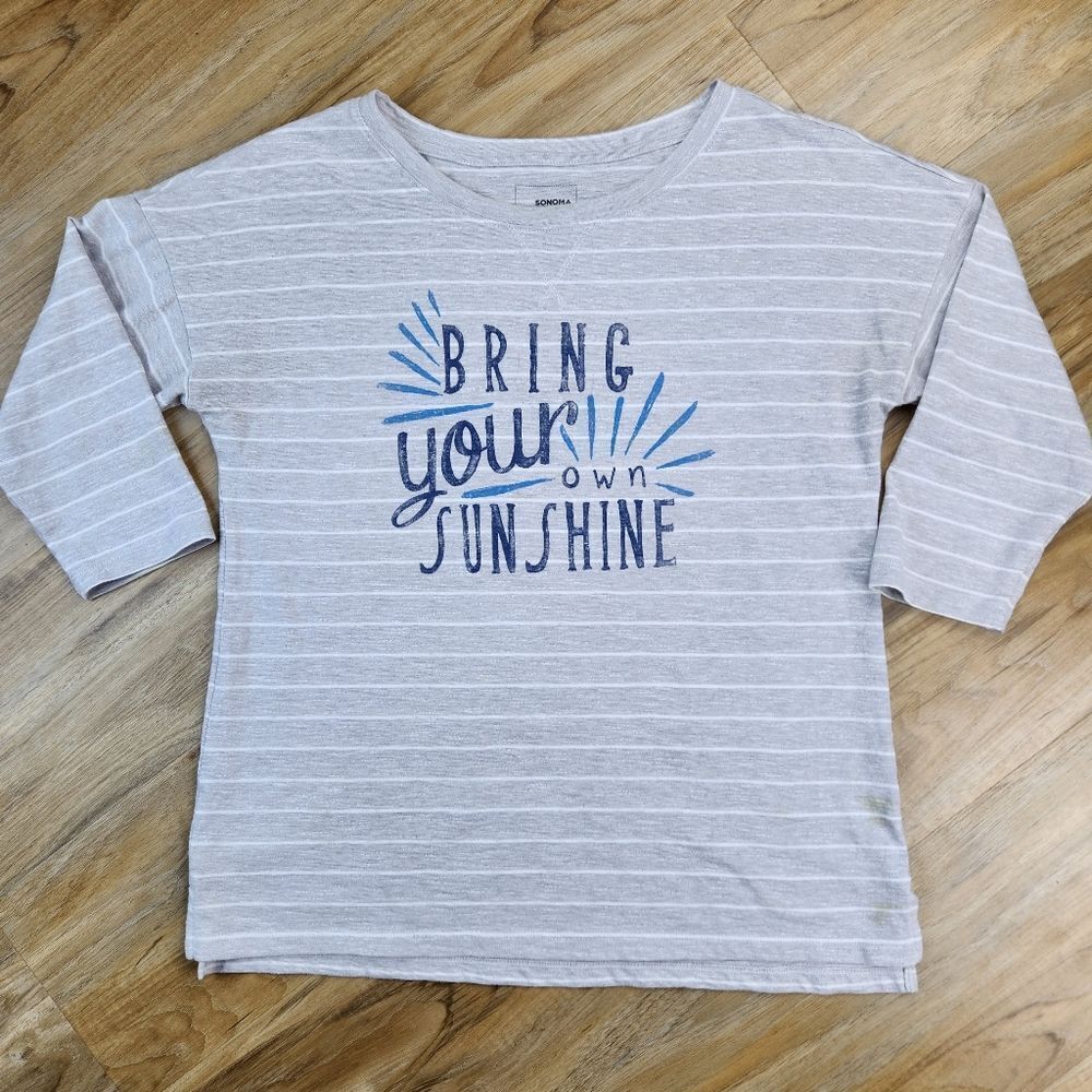 🐞Sonoma Gray Striped "Bring Your Own Sunshine" 3/4 Sleeve Top Medium